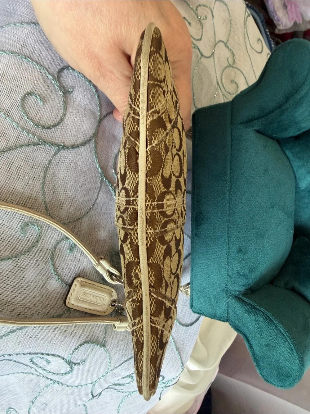Coach Brown and Cream Signature Canvas Wristlet with Ivory Strap
